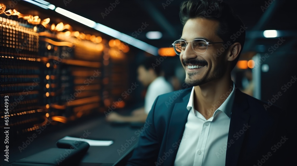 Computer technician working in server room.