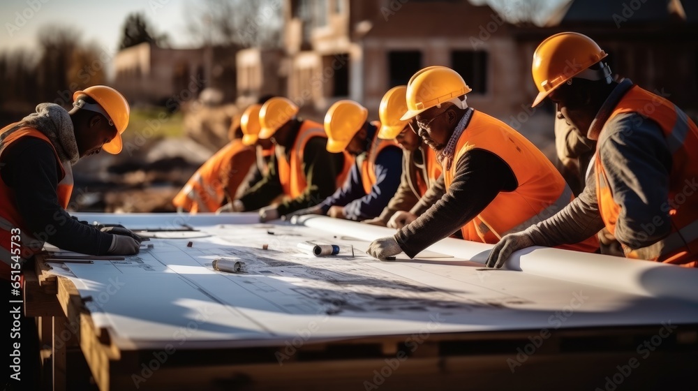 Builders and architect looking at plans together at building site.