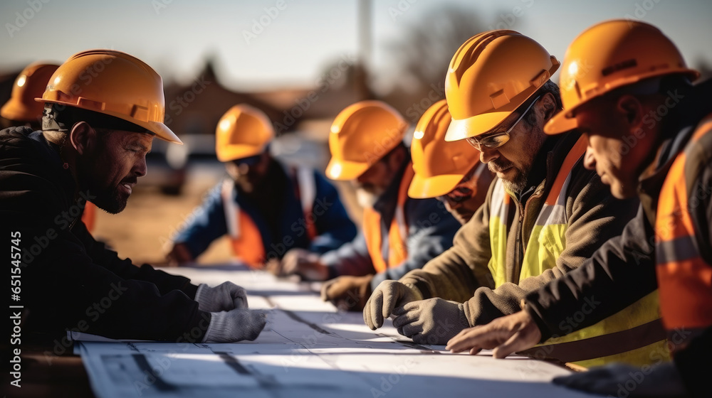 Builders and architect looking at plans together at building site.