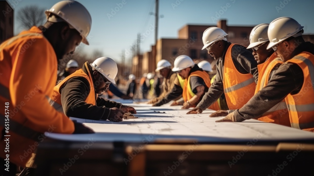 Builders and architect looking at plans together at building site.