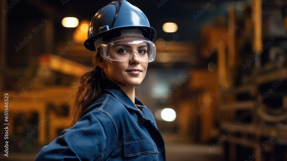 Female worker wearing a safety helmet working in the production line at industry factory.