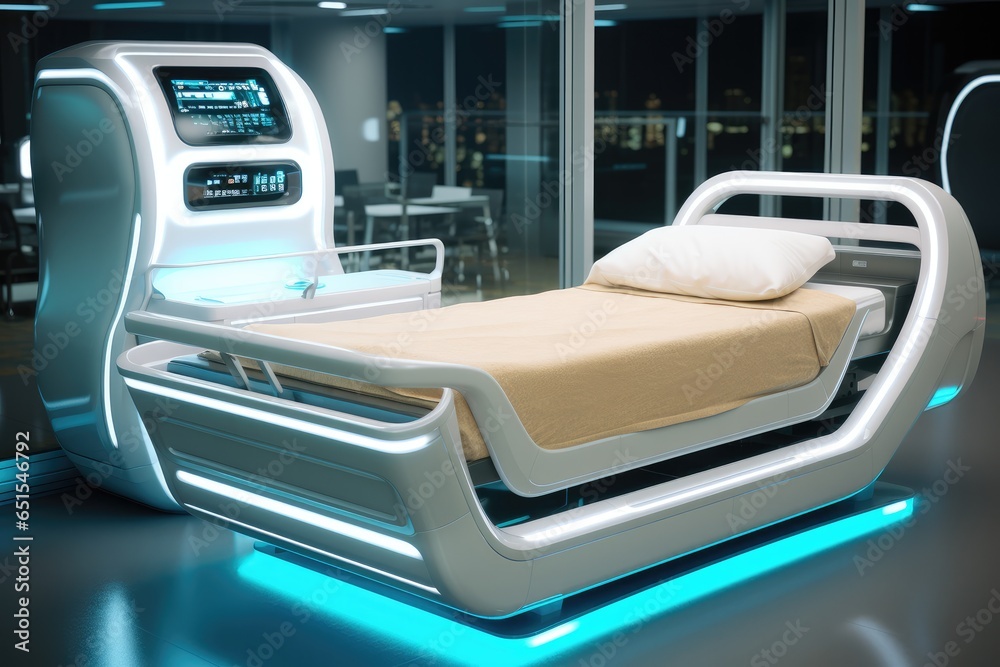 Futuristic medical treatment bed at modern hospital.