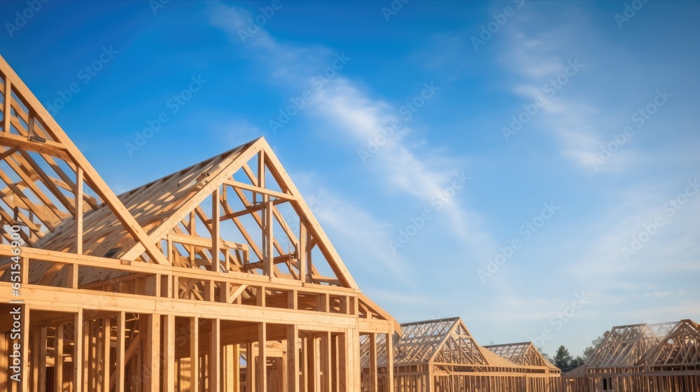 Real estate, Gabled roof on stick built home under construction, New build roof with wooden truss, Post and beam framework.