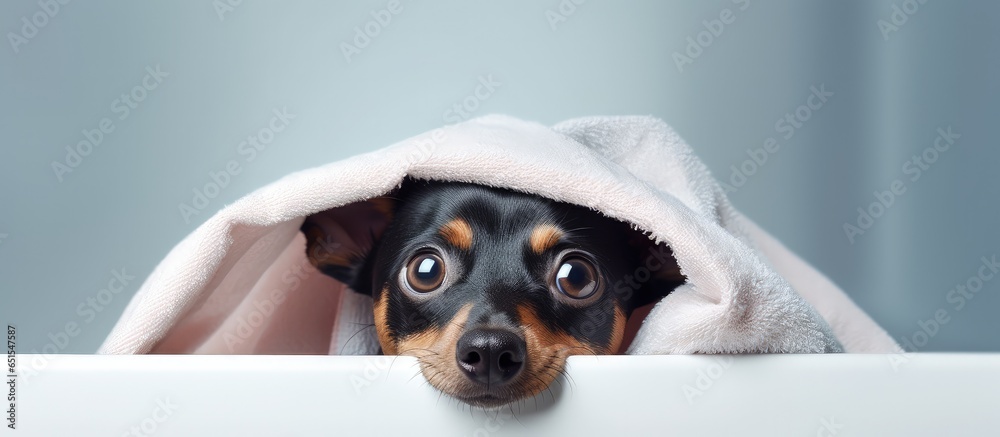 Humorous canine in tub covered post bath