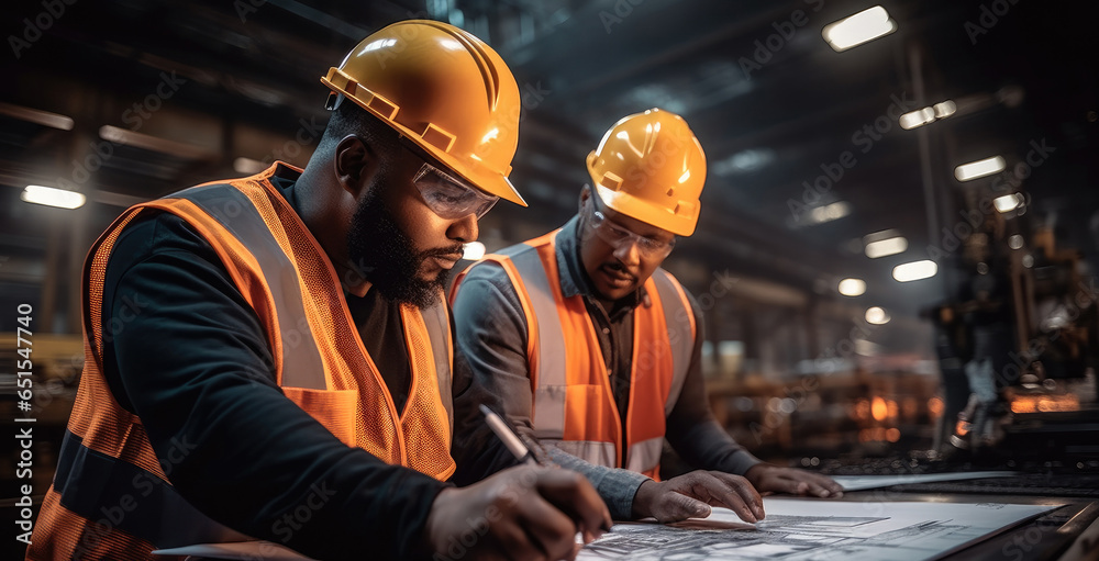 Industrial workers are working on a project at heavy industry factory.