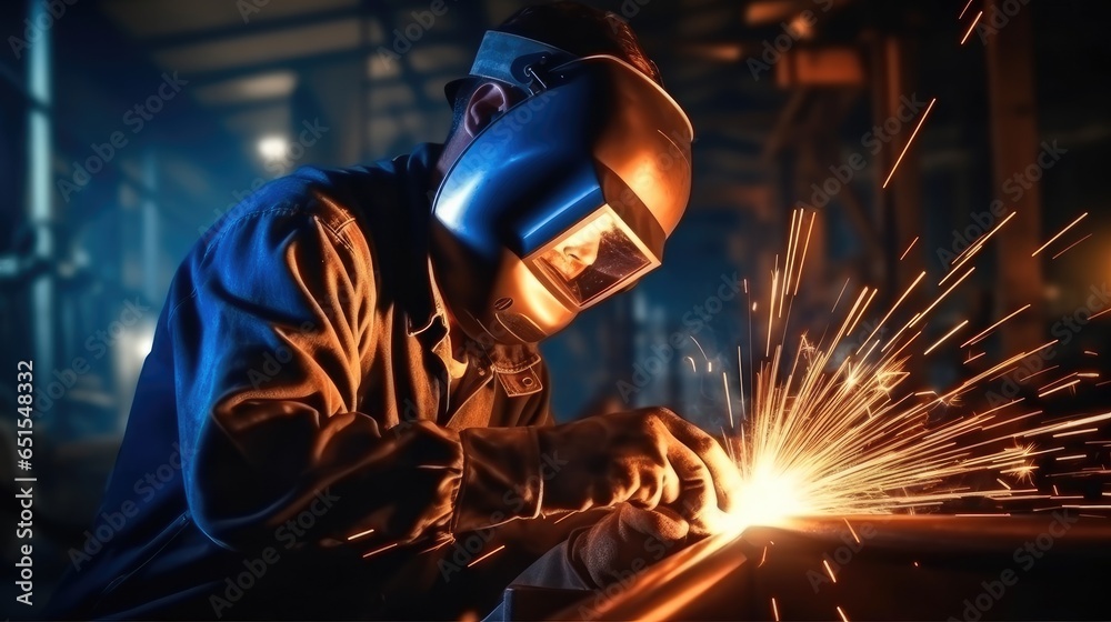 Welder, Welder Welding Metal In Workshop.