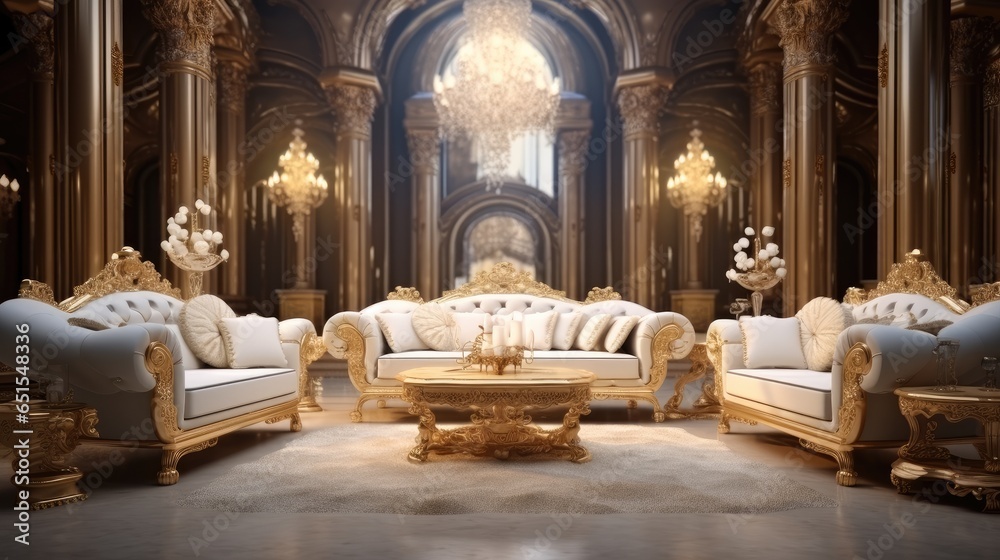 Living room very luxury style, Color white and gold.