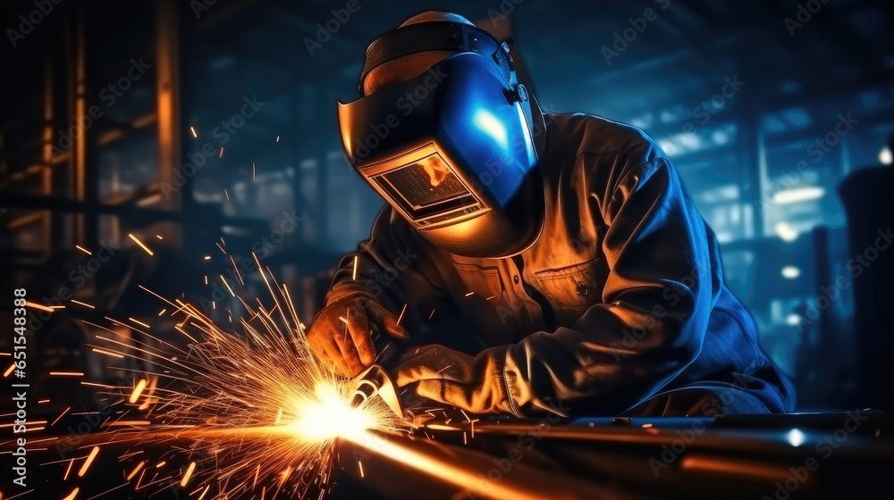 Technician Welding for steel structure at manufacture workshop.