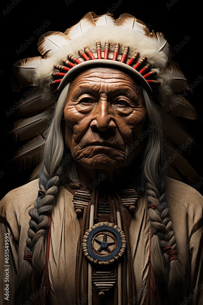 Native American chief wearing traditional clothing and and feathers.