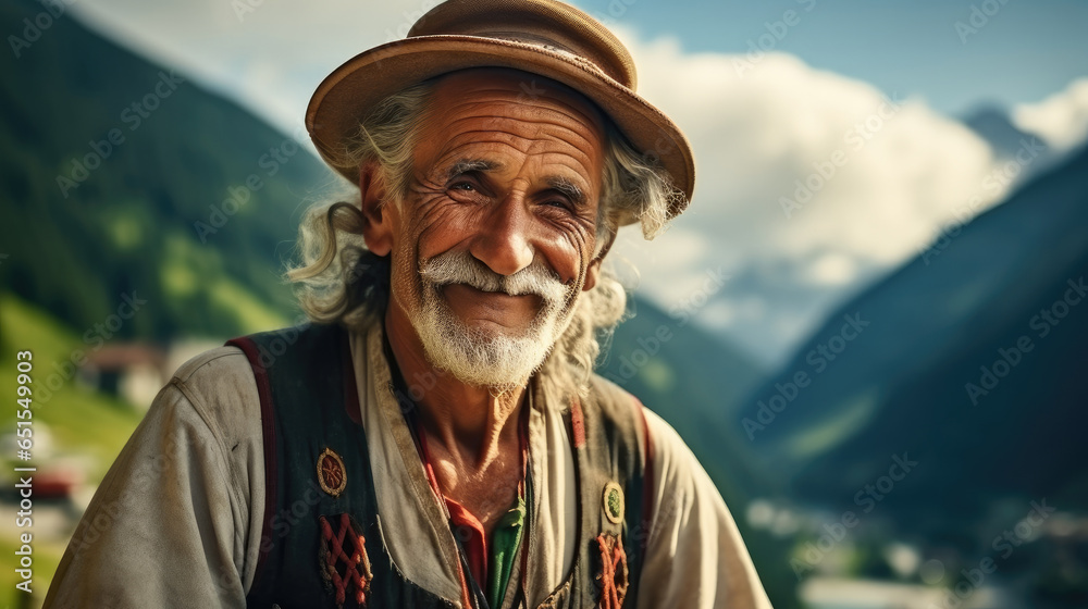 Old man standing on mountains with herd of cows.