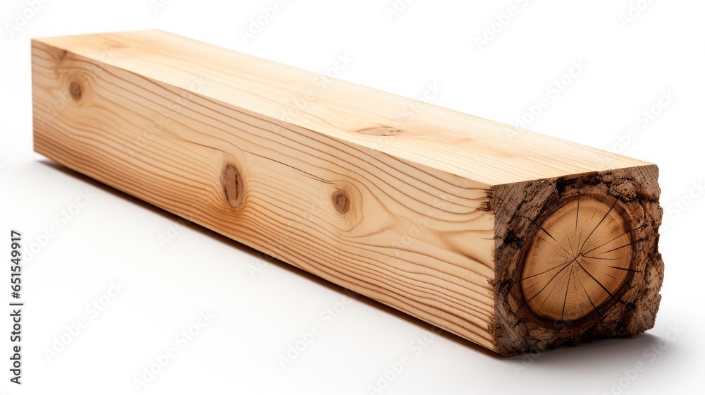 One natural wooden planed, Dry pine beam on white background.