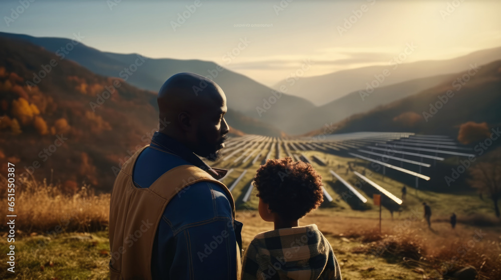 African father with little son standing at the solar power plant, Backside view.