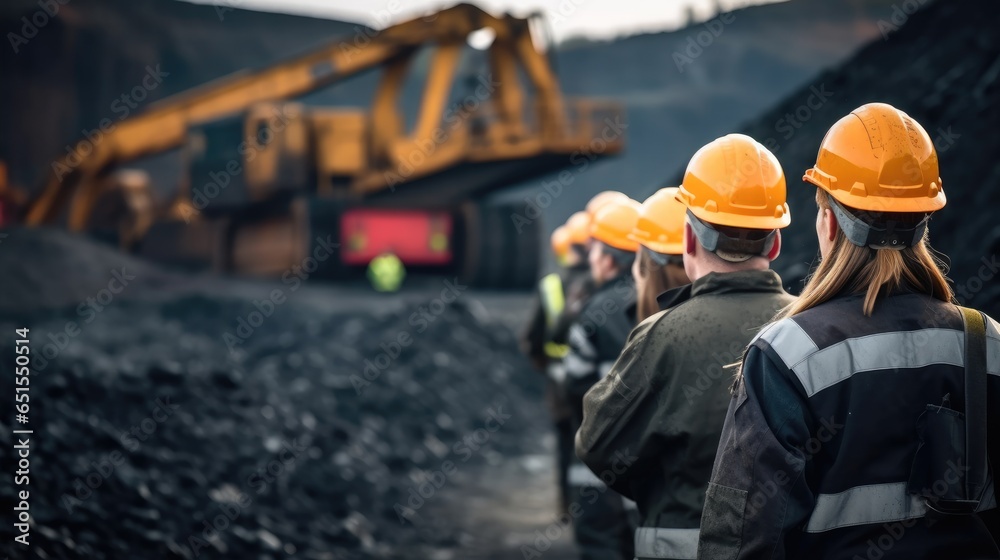 Coal Miners doing work in opencast coal mine.