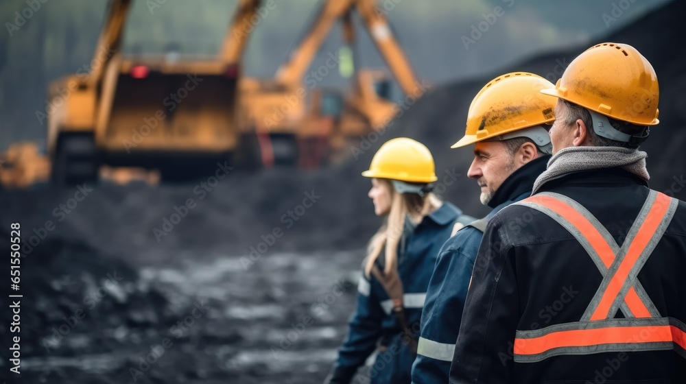 Coal Miners doing work in opencast coal mine.