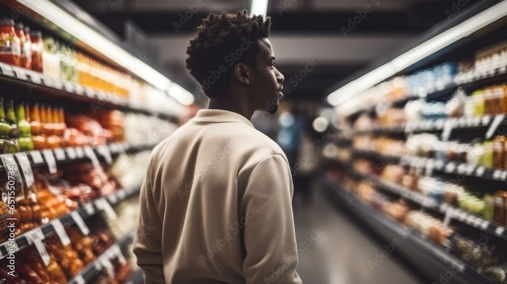 Young black man are shopping in supermarket, Buying groceries and food products.