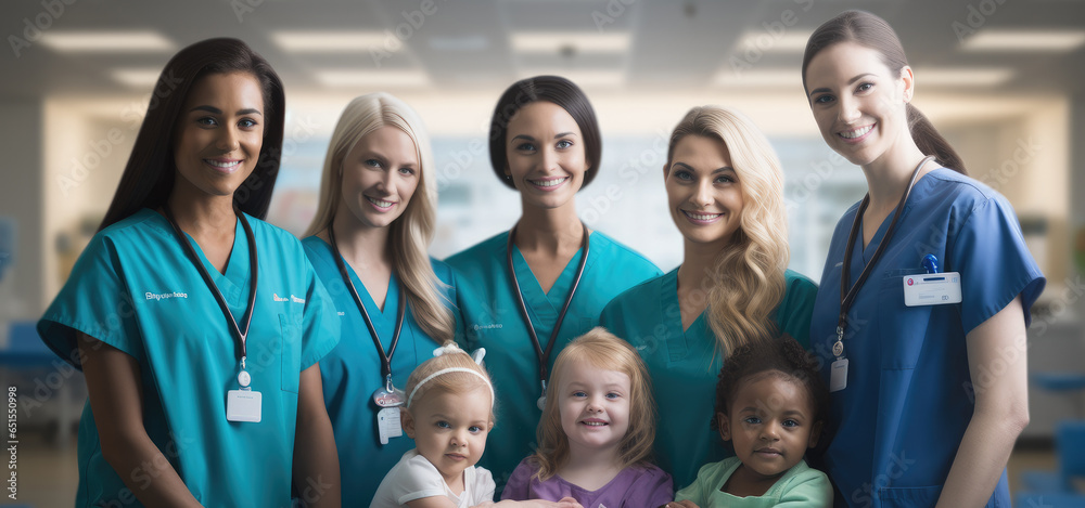 Several Healthcare and Childcare Professionals at health care center.