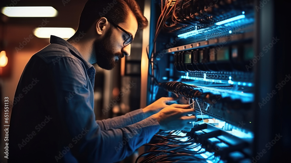 IT Professional male network are connecting cables in server cabinet while working in big data center.