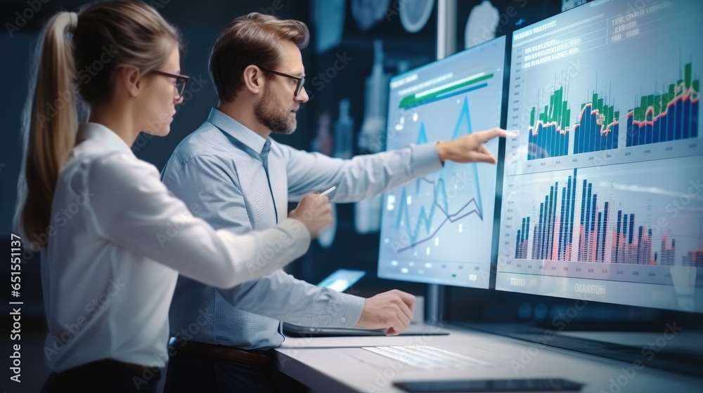 Male And Female Data Scientists With Big Digital Screen With Graphs And Charts In Monitoring Office.