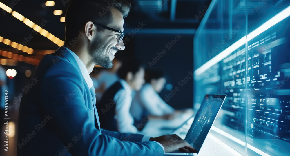 IT Engineer man working on laptop in server room or data center,