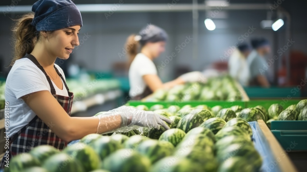 Woman worker during work sorting watermelon on grading line at fruit factory.