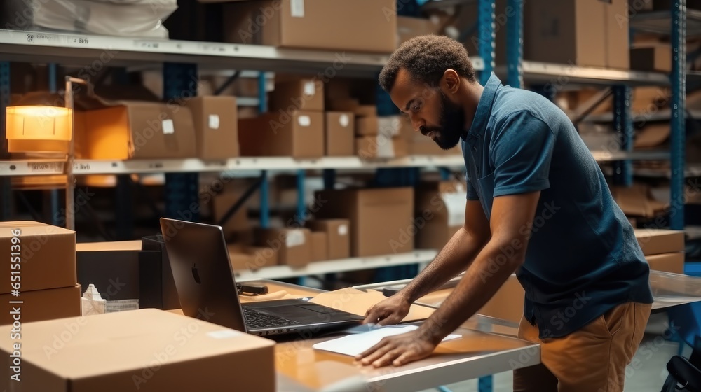 Male entrepreneur checking stock products putting products in packages for shipment at warehouse.