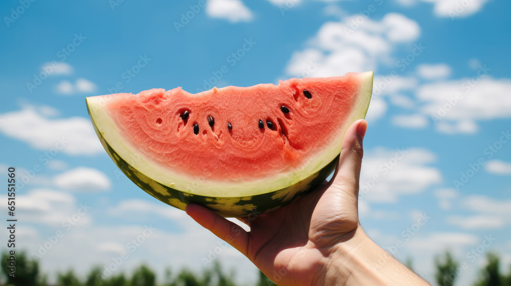 Hand holding slice of watermelon in with sky background, In hot summer day.