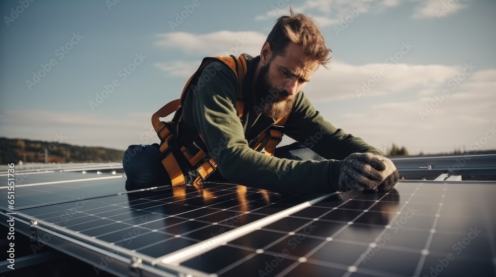 Solar power engineer doing work installing solar panels on the top roof.