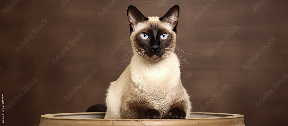 Siamese cat grooming on a scratching barrel with copy space curiously looking at the camera