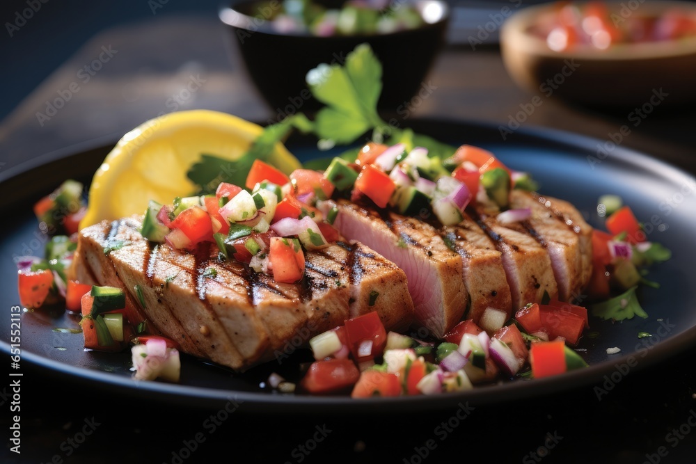 Tuna steaks with mediterranean salsa.