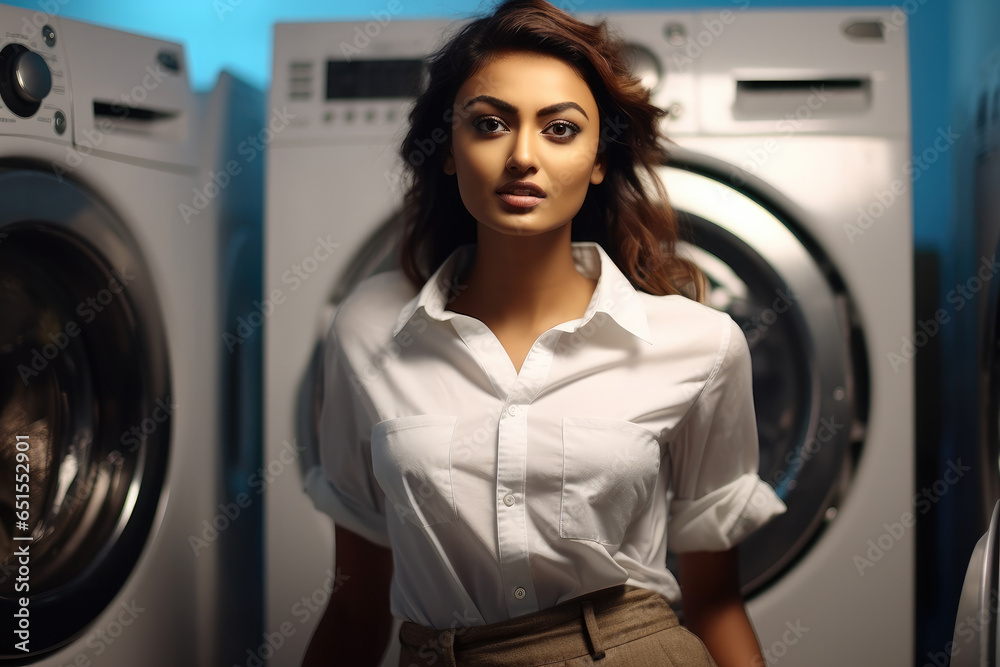 Woman is washing clothes with washing machine in laundry room.