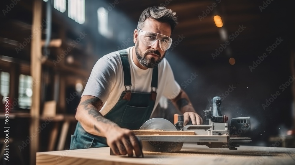 Carpenter work wooden with a milling machine in the workshop.