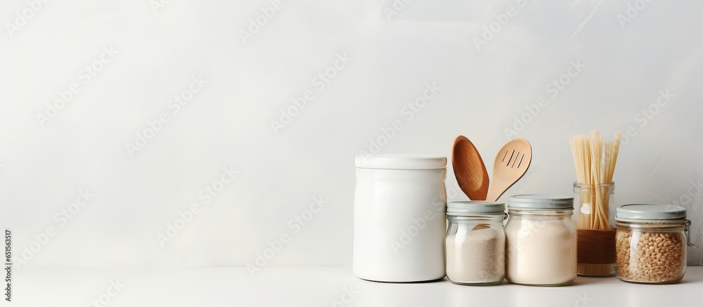 Front view of kitchen utensils and glass jar filled with rice on a white table