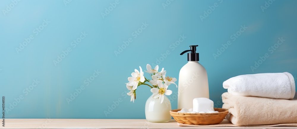 Clean towels sponges and a soap dispenser placed on a wooden table in a bathroom setting suitable for adding text