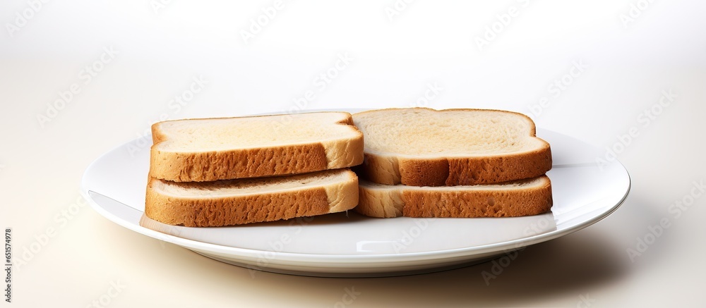 Two slices of bread on a white plate for breakfast isolated on a white background