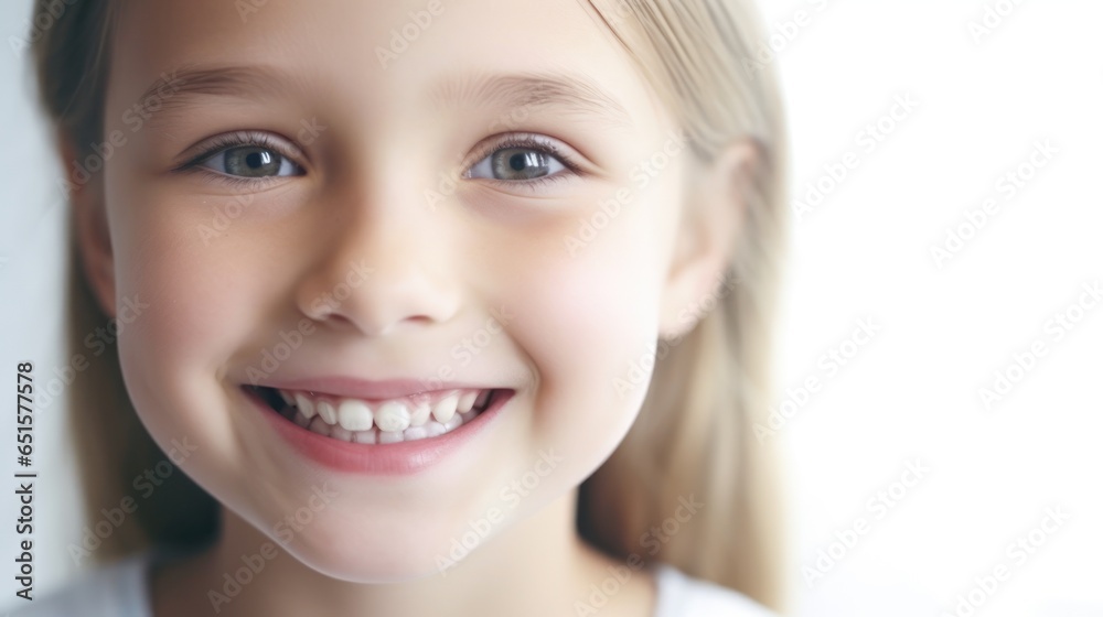 Perfect kids smile, happy child with beautiful white milk toothy smile, child dental care. 