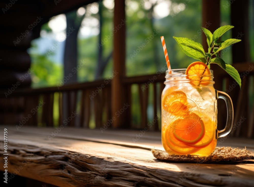 A refreshing drink out of the bottle on a wooden railing