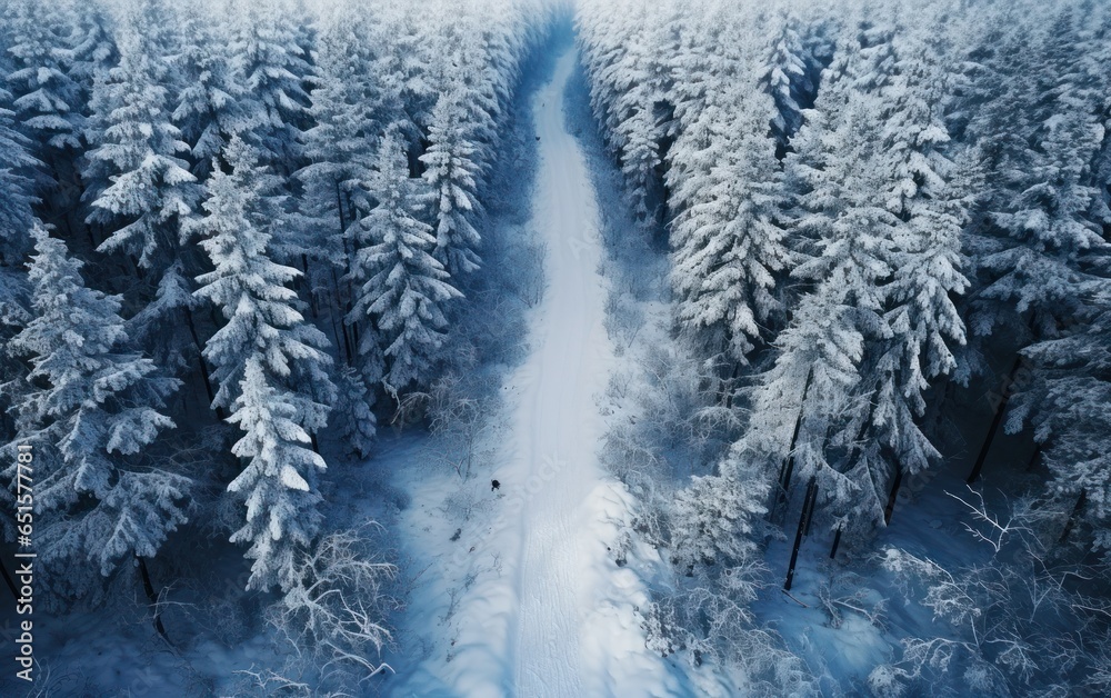 Aerial view of a forest by snow covered road