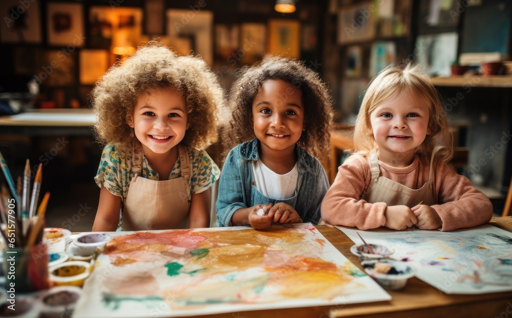 Children painting in art class