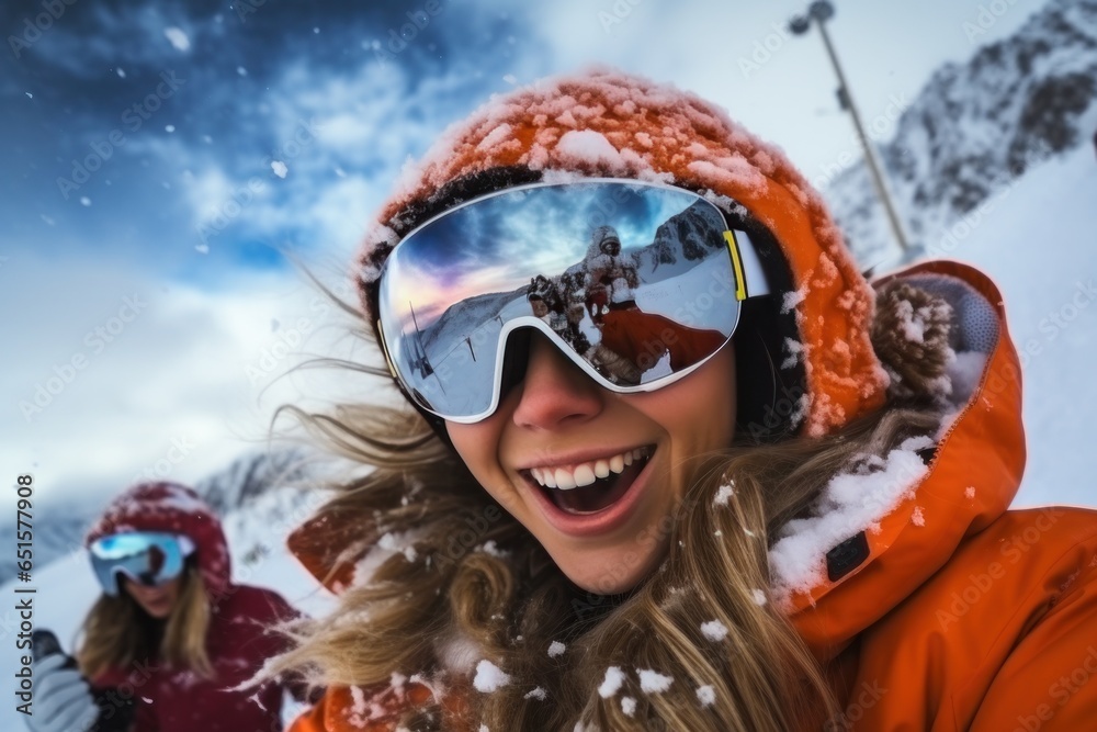 In snowy weather winter skiing season snowboarders happy for selfies winter