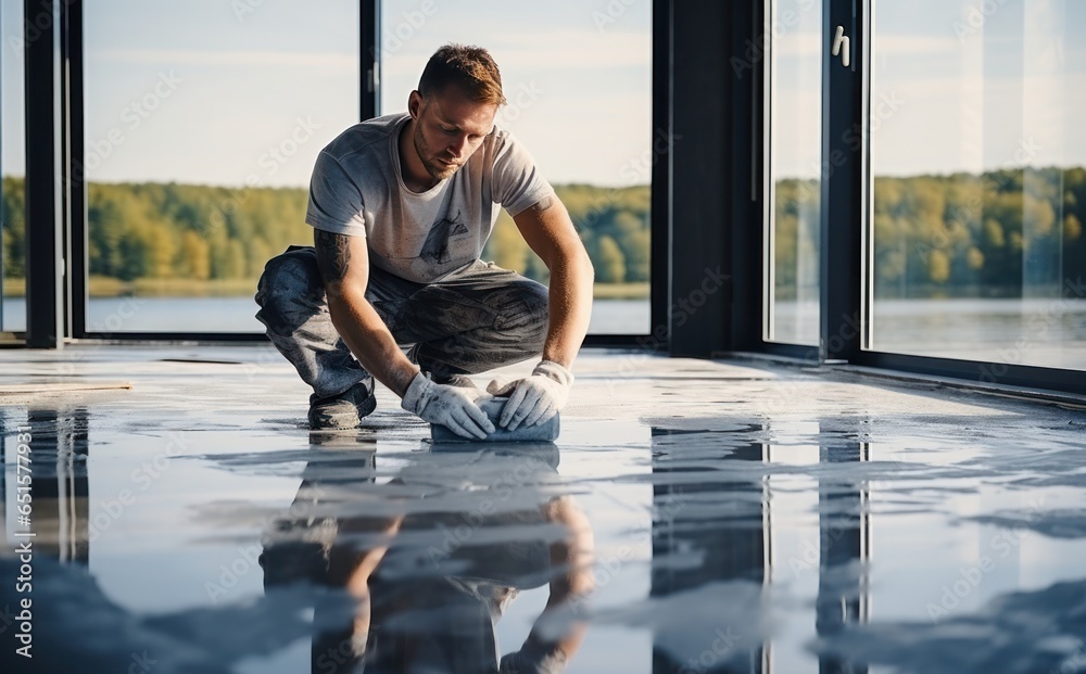 A man is laying cement on a floor