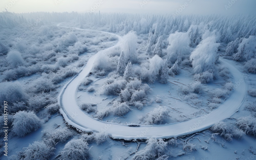 Aerial view of a forest by snow covered road