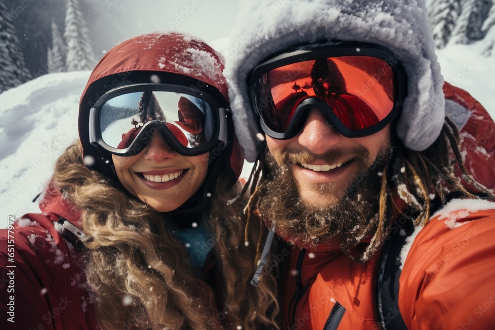 In snowy weather winter skiing season snowboarders happy for selfies winter