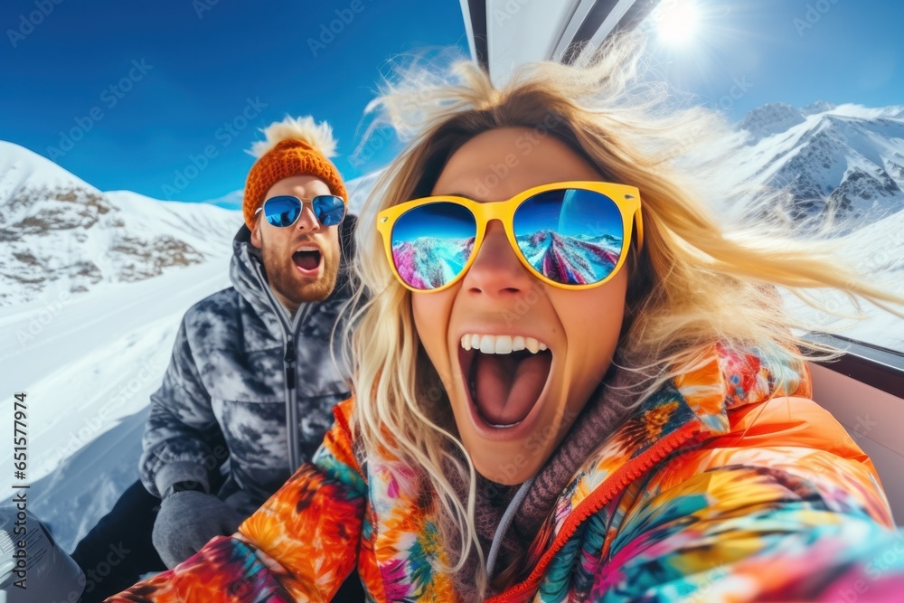 In snowy weather winter skiing season snowboarders happy for selfies winter