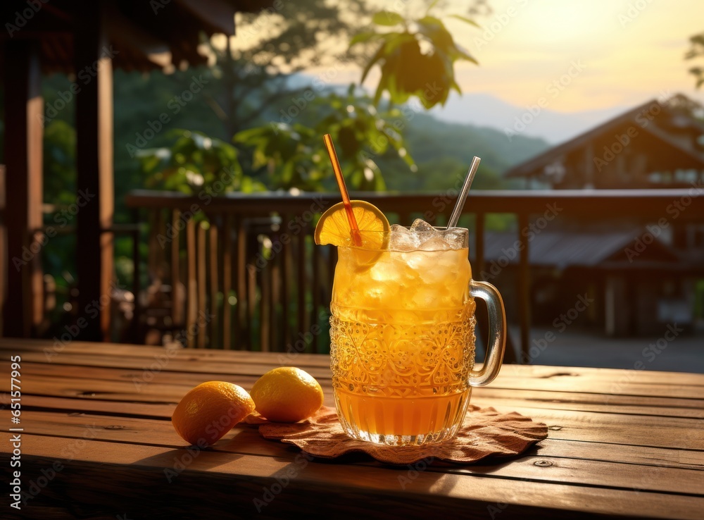 A refreshing drink out of the bottle on a wooden railing