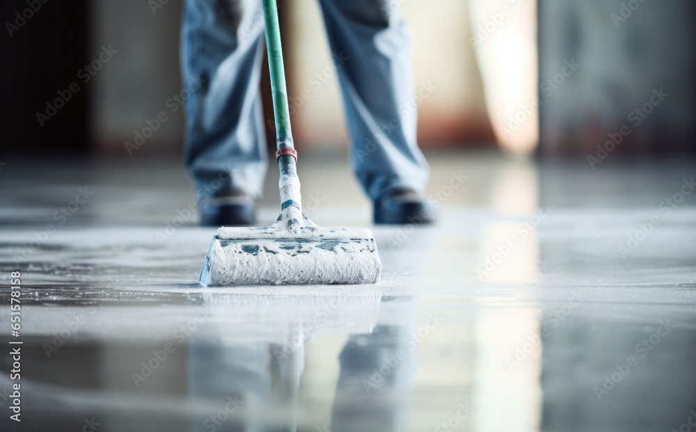 A man is laying cement on a floor