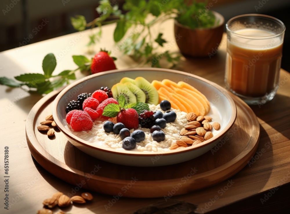 Breakfast plate with fruits and food