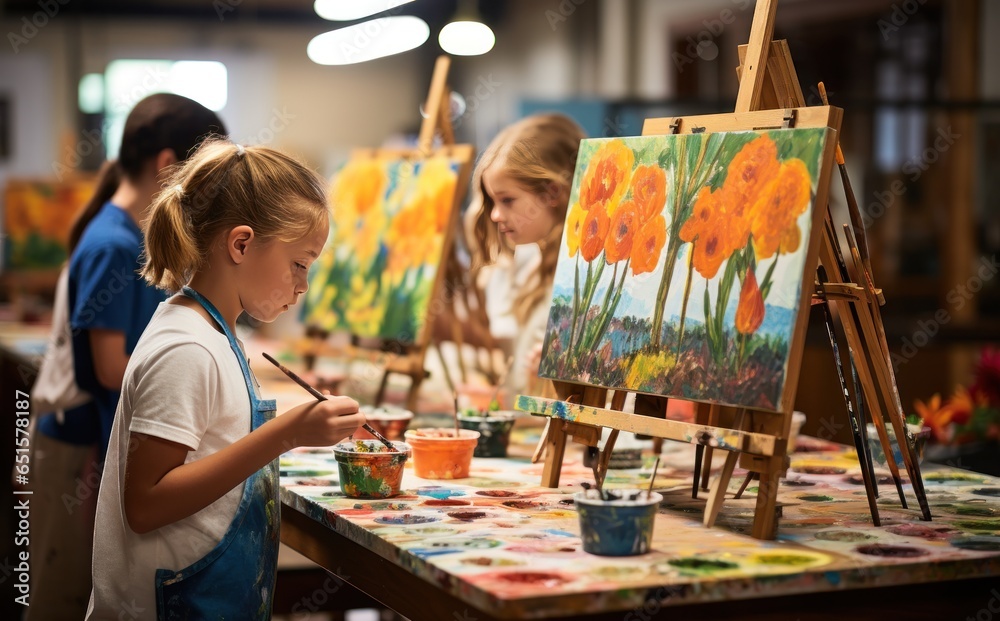 Children painting in art class