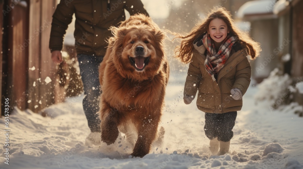 Happy family with dog in winter park