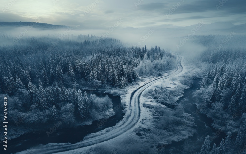 Aerial view of a forest by snow covered road