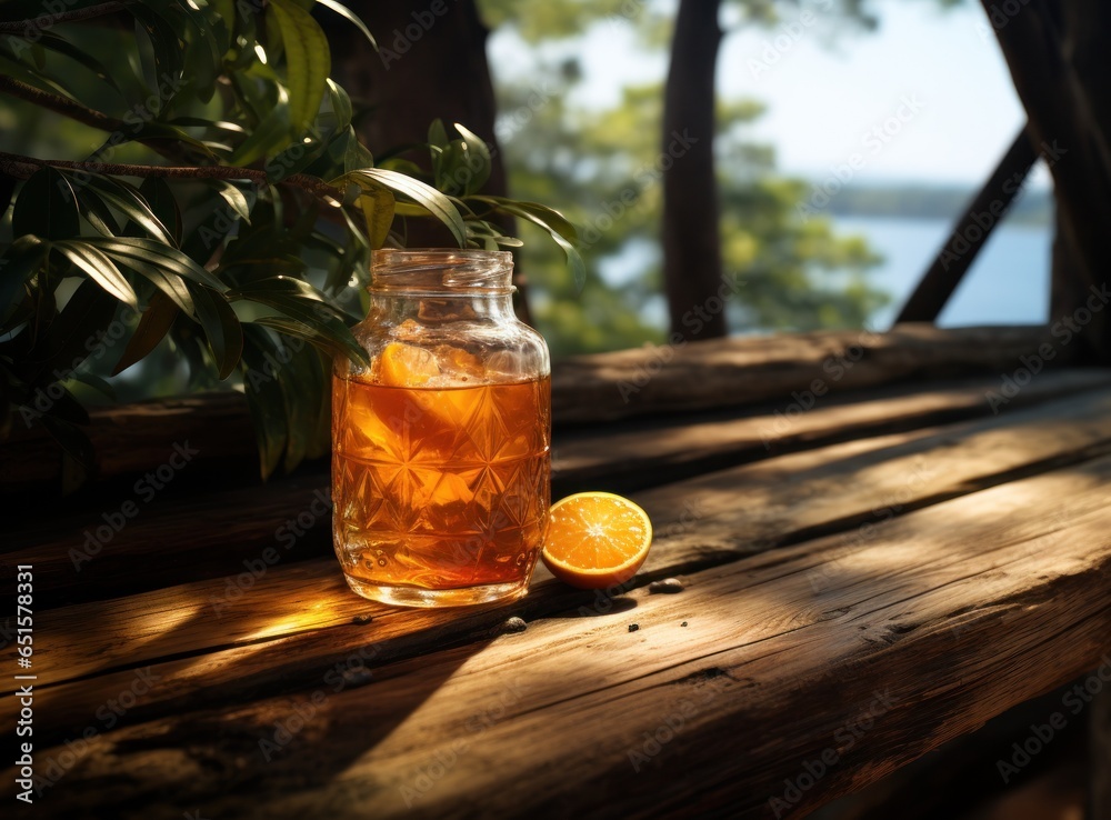 A refreshing drink out of the bottle on a wooden railing